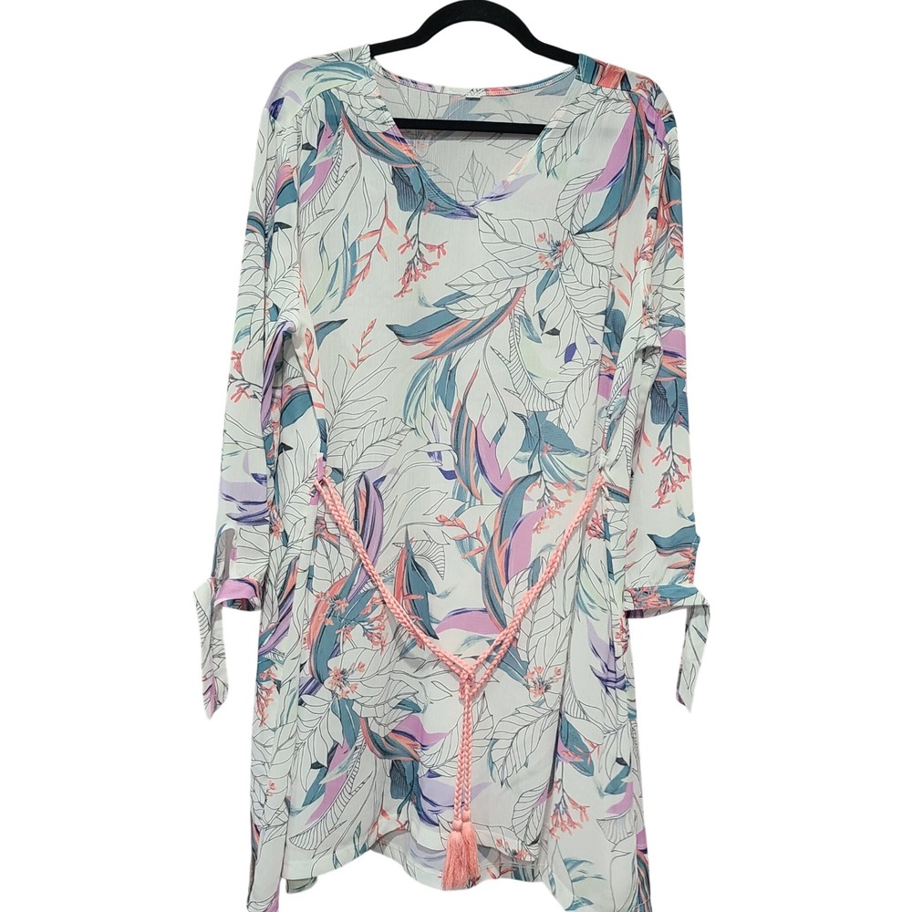 Apana Tropical Floral Tunic Dress/Swim Cover Up with Pink Tassel Belt XL